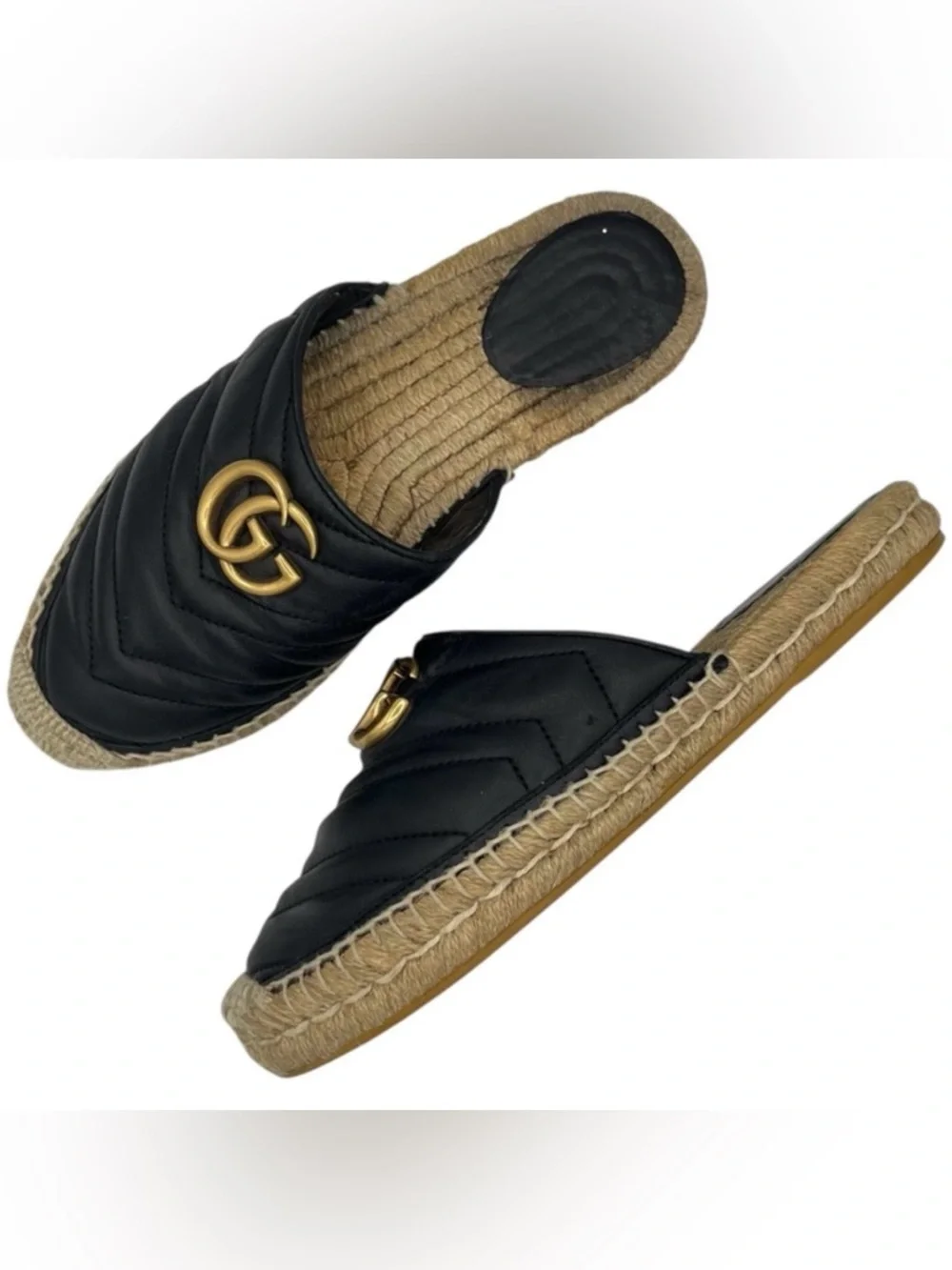 Gucci GG Marmont Black Matelassé Leather Espadrille Mules EU 37 US 7